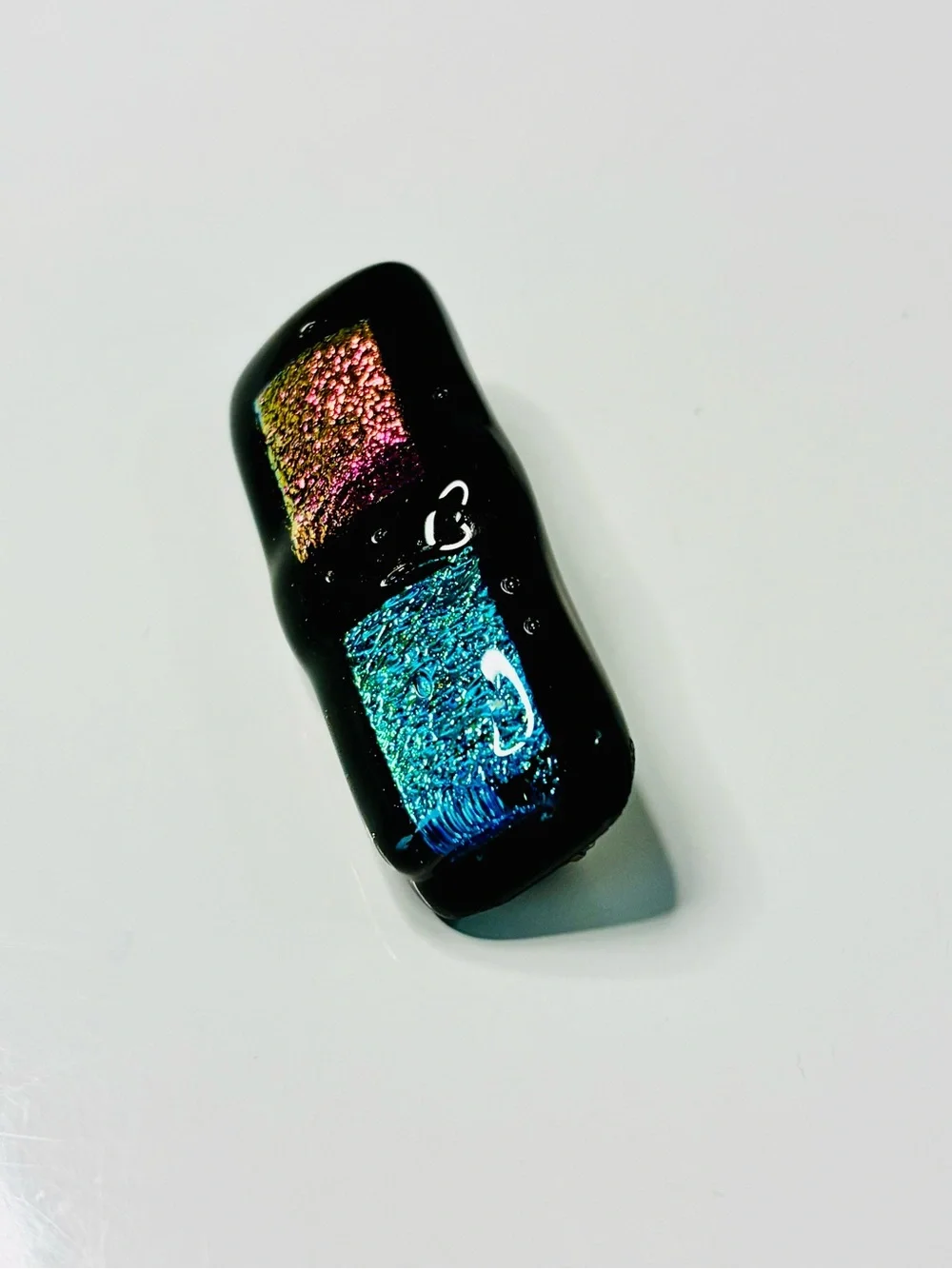 VTG Handmade Dichroic Glass Cabochon - Pink & Teal Rectangle Bar Brooch EUC